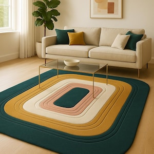 Könnte beinhalten: Rechteckiger Teppich mit einem mehrschichtigen Design in Teal, Gold, Rosa und Creme. Der Teppich befindet sich in einem Wohnzimmer mit Sofa, Couchtisch und Kunstwerk.