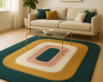 Hand Tufted Area Rug Modern Retro Wool Rug Mid Century Abstract Carpet Teal Mustard Beige For Living Room And Bedroom Custom Size 6x9,9x12