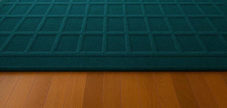 Hand-tufted teal wool carpet with bold square grid design, adding a pop of sophisticated color to a modern home, paired with mid-century style armchairs and brass floor lamps.
