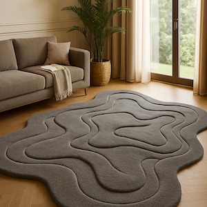 Alfombra moderna gris, alfombra ondulada tejida a mano, alfombra esculpida de color neutro, alfombra minimalista suave y acogedora para sala de estar, decoración contemporánea para dormitorio 8x11