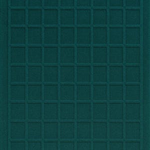 May include: Teal-colored rectangular rug with a grid pattern. The rug has a textured surface with a series of raised squares forming a symmetrical design. The edges of the rug are bordered.
