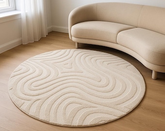 Round Ivory Wool Area Rug Circle Cream Rug Handmade Tufted Rug Modern Abstract Carpet Minimalist Living Room Rug Scandinavian Home Decor.