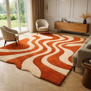 Handcrafted Wool Rug orange cream rug with custom size rug, area rug Handmade Abstract carpet designed For Living Room made to order rug.