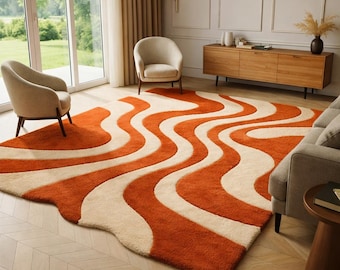 Handcrafted Wool Rug orange cream rug with custom size rug, area rug Handmade Abstract carpet designed For Living Room made to order rug.