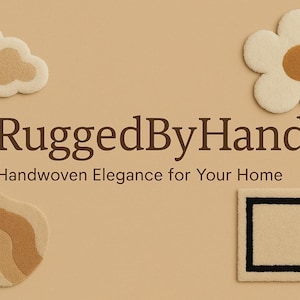 May include: The image showcases four handwoven rugs in various shapes: a cloud, a flower, an abstract design, and a rectangle with a black border. The rugs are in neutral tones of beige and brown, with the brand name "RuggedByHand" and the tagline "Handwoven Elegance for Your Home".