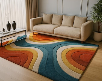 Handmade Rug Hand Tufted Wool Rug | Multicolor Rectangular Carpet with Retro Wave Abstract Pattern Design