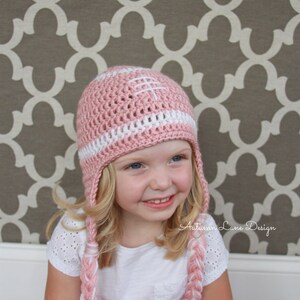 Crocheted Football Hat with Earflaps & Braids Inspired by a Football in Pink- Newborn, 3-6 Months, 6-12 Months, Toddler, Child or Adult Size