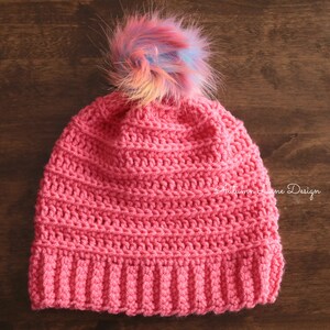Handmade Crochet Ribbed Beanie with Multi Color Pom Pom, Child Size