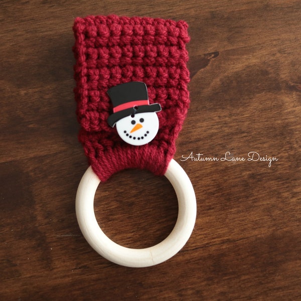 Crochet Kitchen Dish Towel Holder with Natural Wood Ring and Snowman Button Closure, Dark Red