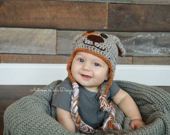 Handmade Crochet Puppy Hat with Earflaps and Braids in all Sizes