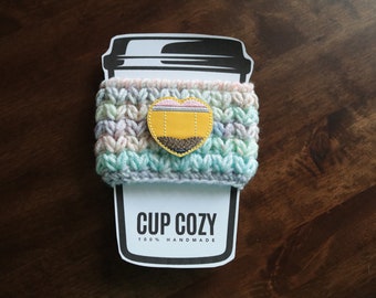 Pencil Heart - Hand Crocheted Cup Cozy, Coffee Cup Sleeve with Feltie