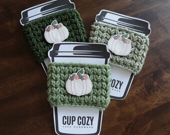 White Pumpkin - Hand Crocheted Cup Cozy, Coffee Cup Sleeve with Feltie