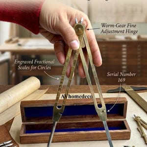 May include: A vintage mechanical drafting divider, model 169, with engraved fractional scales for circles. It features a worm-gear fine adjustment hinge and steel interchangeable points. The divider is displayed in a wooden box with a blue interior.
