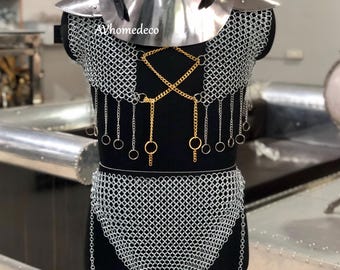 Medieval Brave Lady Knight Armor - Female Chainmail Set with Silver Steel Gorget Neck Guard Armor Fantasy Events, Renaissance Faire