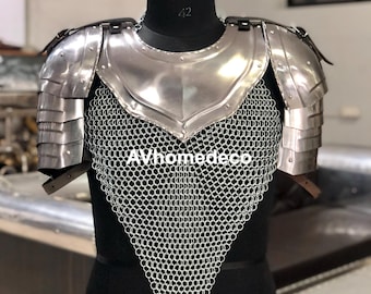 Medieval Brave Lady Armor Costume Female Chainmail Top, Silver Steel Pauldrons & Gorget Perfect for LARP Cosplay Halloween Party