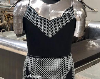 Medieval Brave Lady Armor Costume Female Chainmail Top, Skirt with Pauldrons & Gorget Perfect for LARP Cosplay Costume for Events-Lady Costu