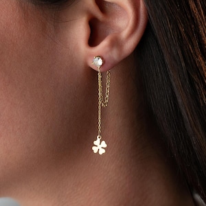 Clover Earrings Sterling Solitaire Pendant with Four Leaf Clover Charm, Stylish Lucky Jewelry for Daily Wear, Gift for Her