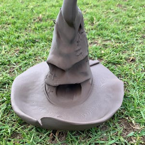 May include: A brown Sorting Hat, a wizarding hat with a wide brim and a pointed top. The hat has a textured surface and is resting on green grass. The hat's mouth is open, and it appears to be made of a flexible material.