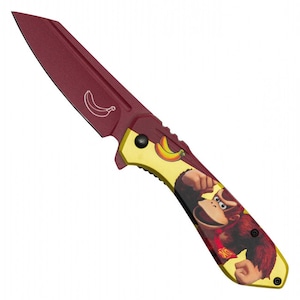 May include: A folding pocket knife with a burgundy blade and a yellow and brown handle. The blade features a banana graphic, and the handle displays a cartoon image of a gorilla. The knife is designed with a clip for easy carrying.