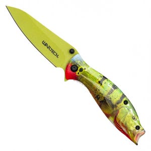 May include: A folding pocket knife with a lime green blade featuring the text WARTECH in black. The handle is shaped and colored to resemble a fish with yellow, green, and red scales, a visible eye, and an open mouth at the base of the handle.