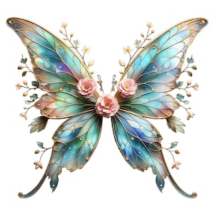 20 cliparts d'ailes de fée, couleurs pastel douces, design floral enchanteur d'ailes de papillon fantastiques, lot de cliparts de fichiers png à usage commercial.