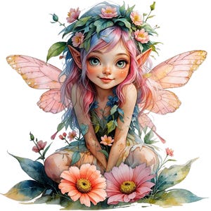 Jolie fée rose, 20 fées roses aquarelles avec des ailes de fée papillon, illustrations de fées à imprimer, ensemble de cliparts fichiers PNG 300 dpi