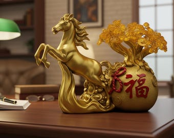 Golden Fortune Horse Money Tree Statue – Feng Shui Wealth Decor, Lucky Horse Figurine for Home or Office, Housewarming Prosperity Ornament