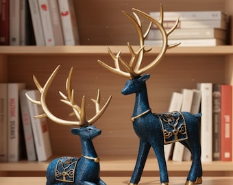 Elegant Reindeer Figurine Set of 2 – Deer Statue for Christmas, Winter Decor, Holiday Table Centerpiece, Lucky Elk Deer, Reindeer Statue Art
