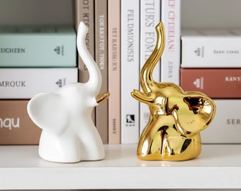 Elephant Statue Set of 2 – Elegant White and Gold Elephant Figurines for Modern Home Decor and Good Luck Gift, Elephant Pair Home Decor Art