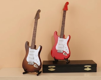 Mini Wooden Electric Guitar Figurine – Small Handmade Guitar Model for Music Lovers, Desk Decor, Musician Gift, Doll House Home Decoration
