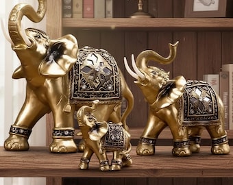 Golden Elephant Figurine Statue – Elegant Elephant Decor, Luxury Room Decor, Gold Home Accent, Housewarming Gift, Lucky Elephant Table Art