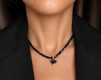 Black Crystal Choker Necklace: Gothic Heart Pendant, Stainless Steel