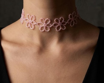 Handmade Pink Seed Bead Flower Choker: Boho Y2K Beaded Necklace