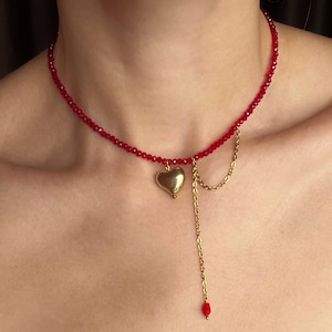 Ruby Red Crystal Heart Choker: Gold Pendant, Dainty Beaded Necklace