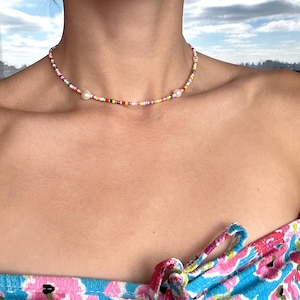 Pearl necklace "Candy", Mixed beads pearl necklace, colorful pearl and beads choker, multicolor beaded necklace, beach surf vibes jewelry,