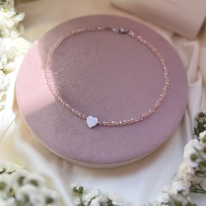 Pink Glass Bead Choker: White Heart Pendant, Silver Stainless Steel
