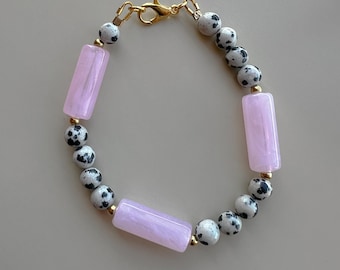 Pink Gemstone & Dalmatian Jasper Bracelet: Handmade Gold Accent Jewelry