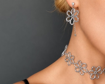 Handmade Silver Beaded Flower Choker and Dangle Earrings Set, Boho Stainless Steel Jewelry