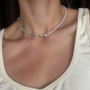 Rainbow Seed Bead Choker: Freshwater Pearl, Stainless Steel