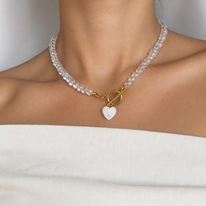 Iridescent Beaded Necklace: Shell Heart Pendant, Gold Toggle Clasp