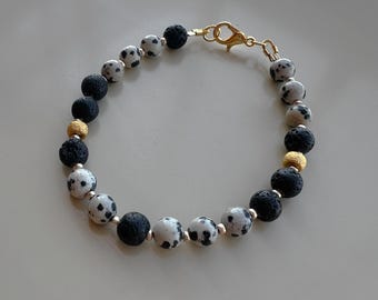 Jasper & Black Stone Beaded Bracelet: Gold Stainless Steel, Handmade