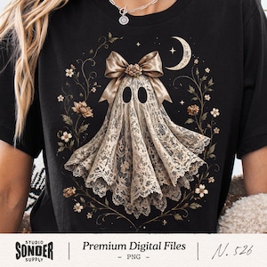 Cute Lace Ghost Halloween PNG, Boho Boo Spooky Season Clipart, Floral Vintage Ghost Design, Witchy Fall Shirt Graphic, Floral  Bow DTF DTG