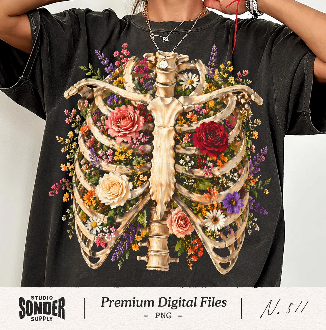 Aesthetic Rib Skeleton Floral Skeleton Rib Cage Halloween PNG, Gothic Skull Flowers Clipart ...