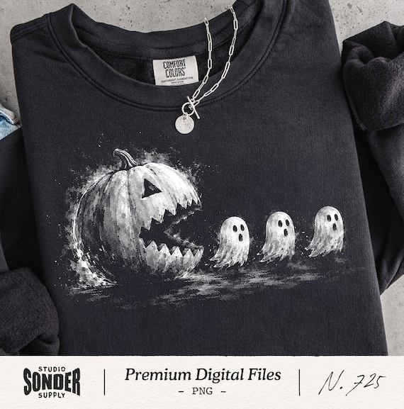 Funny Halloween Pumpkin Ghost PNG, Cute Spooky Season Autumn , Jack O Lantern Chase Illustration, Retro Boo October DTF Print for Shirts