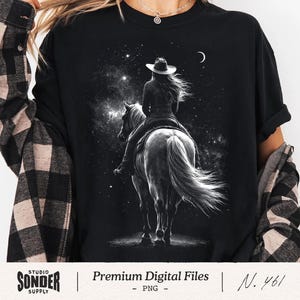 Cowgirl Horse Halftone PNG, Western Riding Woman Starry Sky Design, Celestial Night Horse Rider Graphic, Country Shirt Print, Ranch Style