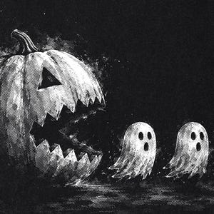 May include: A black and white graphic illustration featuring a large carved pumpkin with a jagged, open mouth positioned on the left, appearing to chase two small, wide-eyed ghosts floating towards the right side of the frame.