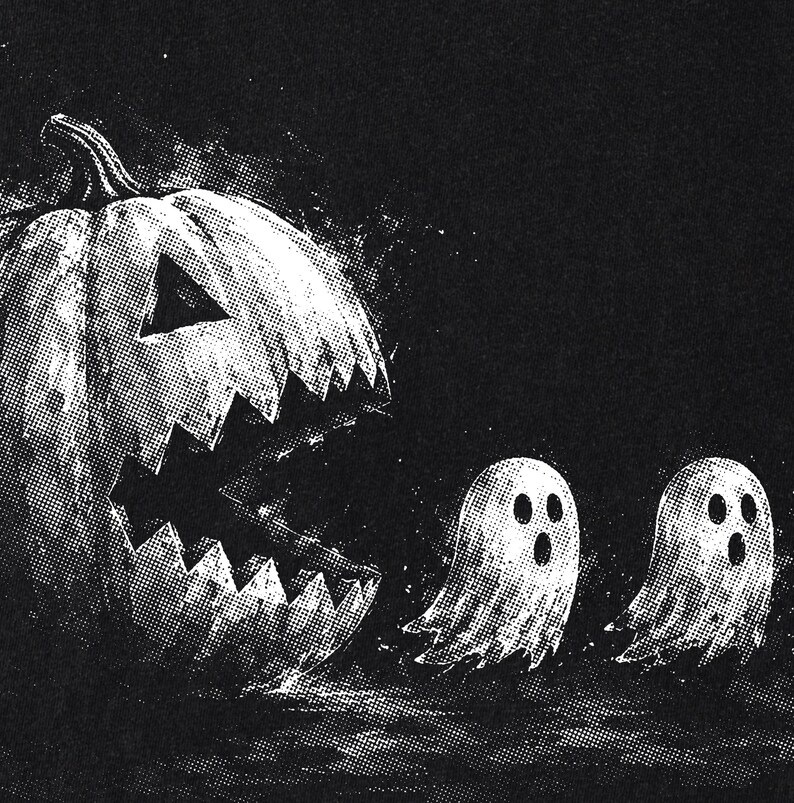 May include: A black and white graphic illustration featuring a large carved pumpkin with a jagged, open mouth positioned on the left, appearing to chase two small, wide-eyed ghosts floating towards the right side of the frame.