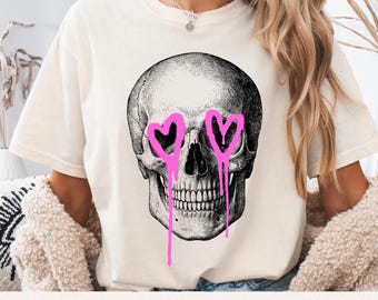 Heart Eyed Skull PNG, Gothic Skull Sublimation, Pink Dripping Heart Skull Shirt, Alternative Skull PNG, Retro Gothic Skull Design, Edgy PNG