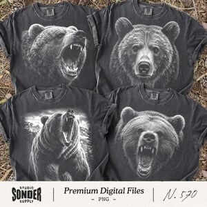 Grizzly Bear Bundle PNG For T Shirt Design, Roaring Bear Wildlife Graphics, Vintage Hunting Animal Halftone Artwork Pack DTF Print Files