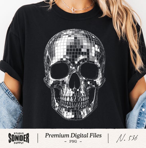 Disco Skull Halftone PNG, Chrome Mirror Ball Skeleton Clipart, Spooky Season Party Gothic Design, Dark Aesthetic Shirt Graphic DTF Print